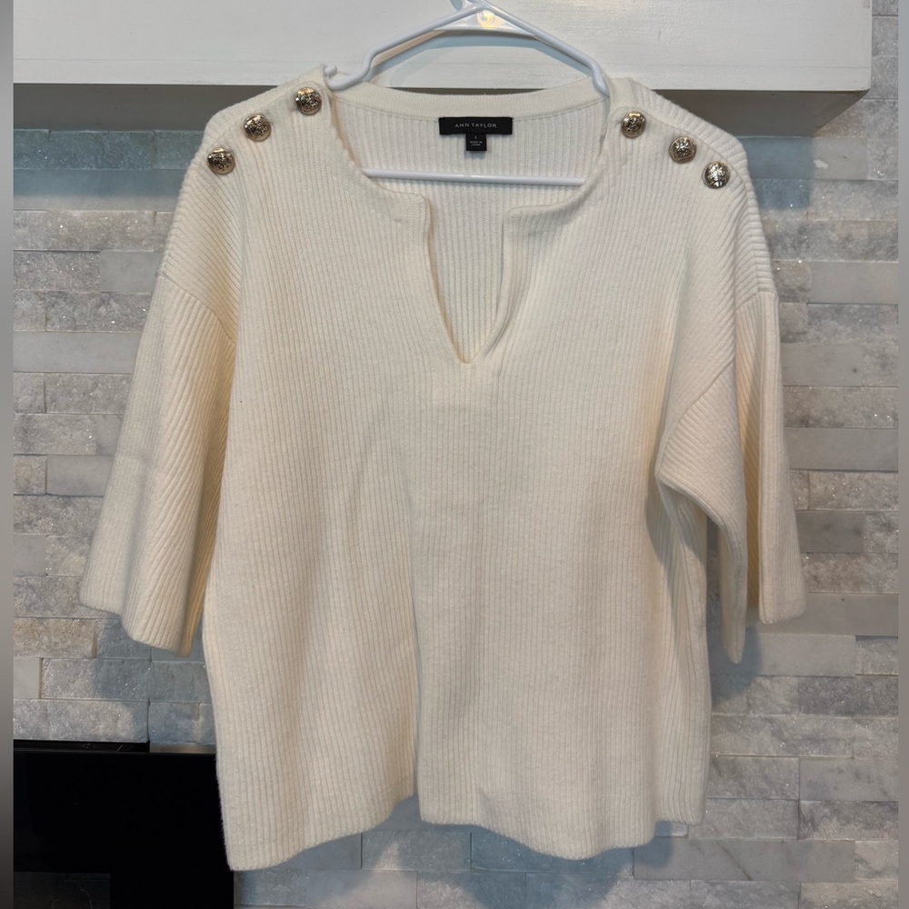 Ann Taylor Cream Ribbed Blouse with Button Details